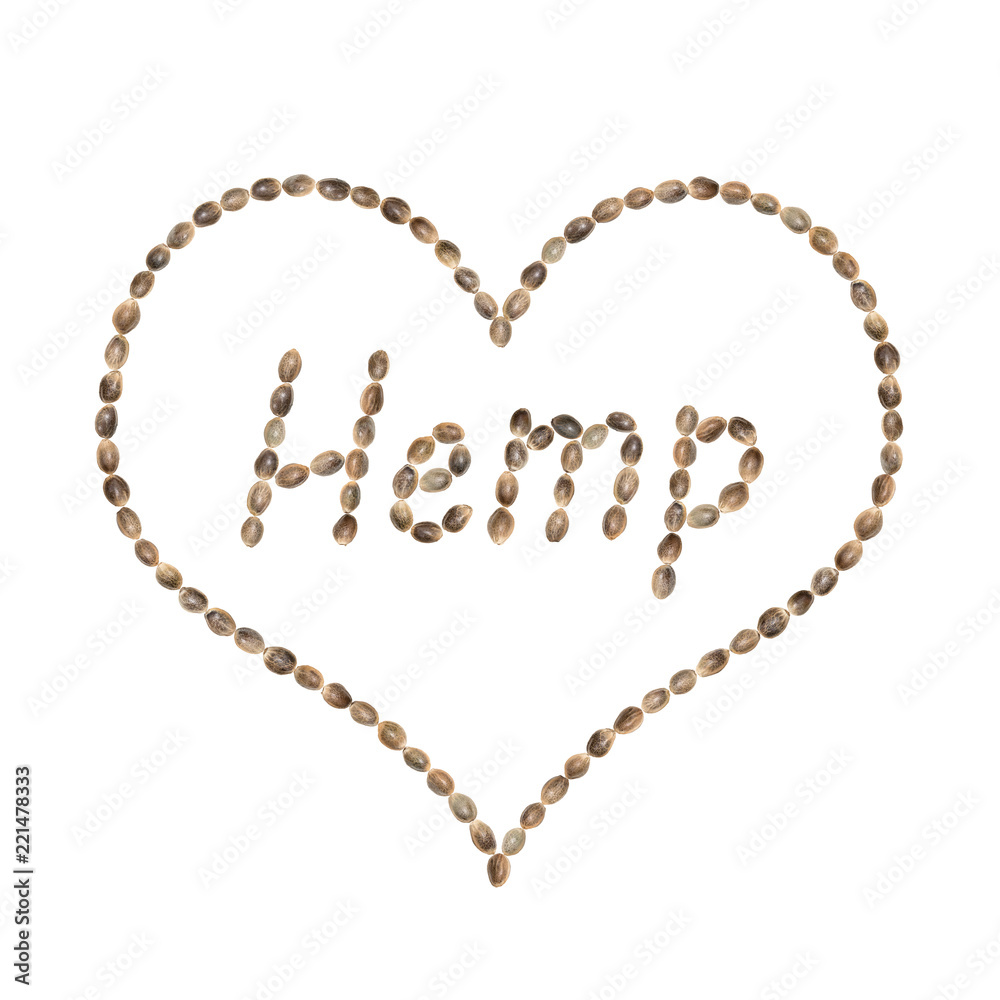 The word Hemp with heart shaped frame written using hemp seeds and isolated on white background The word Hemp with heart shaped frame written using hemp seeds and isolated on white background