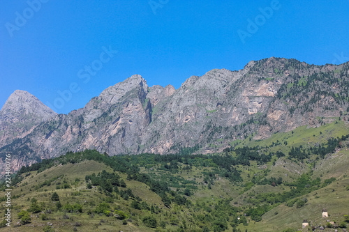 Aerial view from the drone. Mountain Ingushetia, plain and rocks.