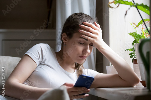 Photography Disappointed girl upset get breakup or split message from boyfriend or lover, sa