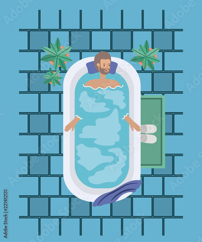 man with beard taking a bath tub