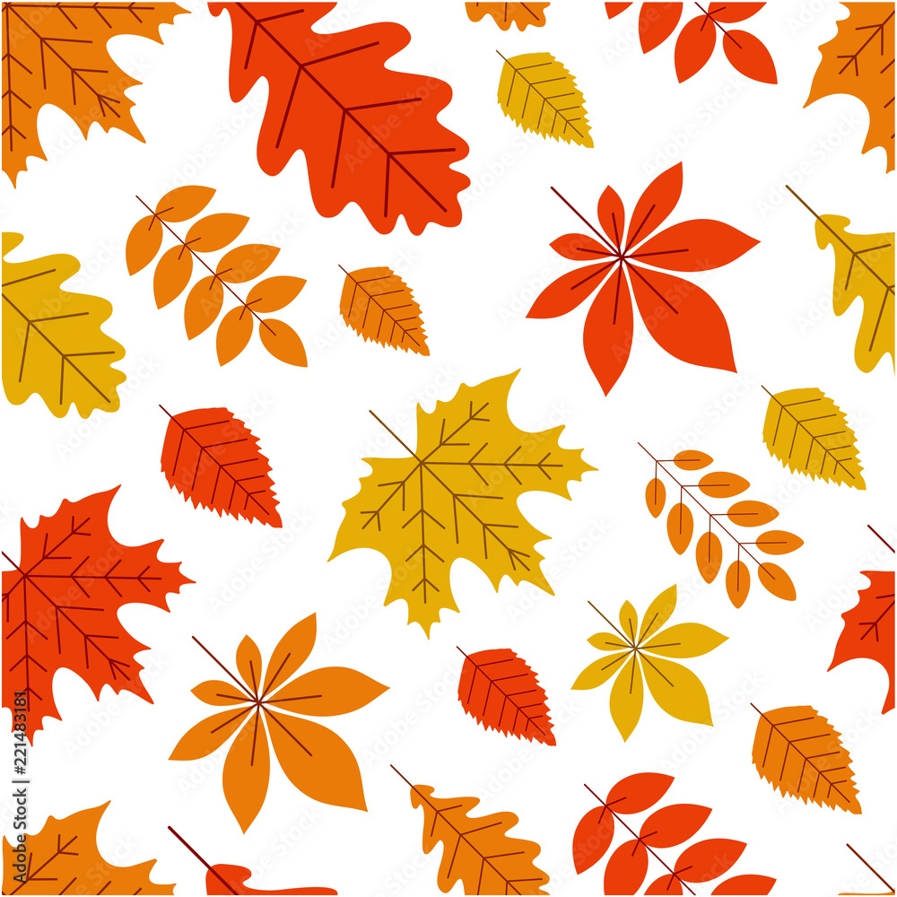 White autumn background with golden leaves. Seamless pattern.