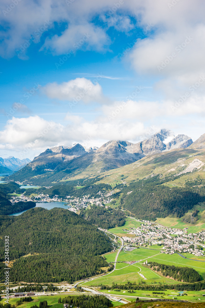 View of the top of Piz da Staz and lakes in the area St.Moritz.