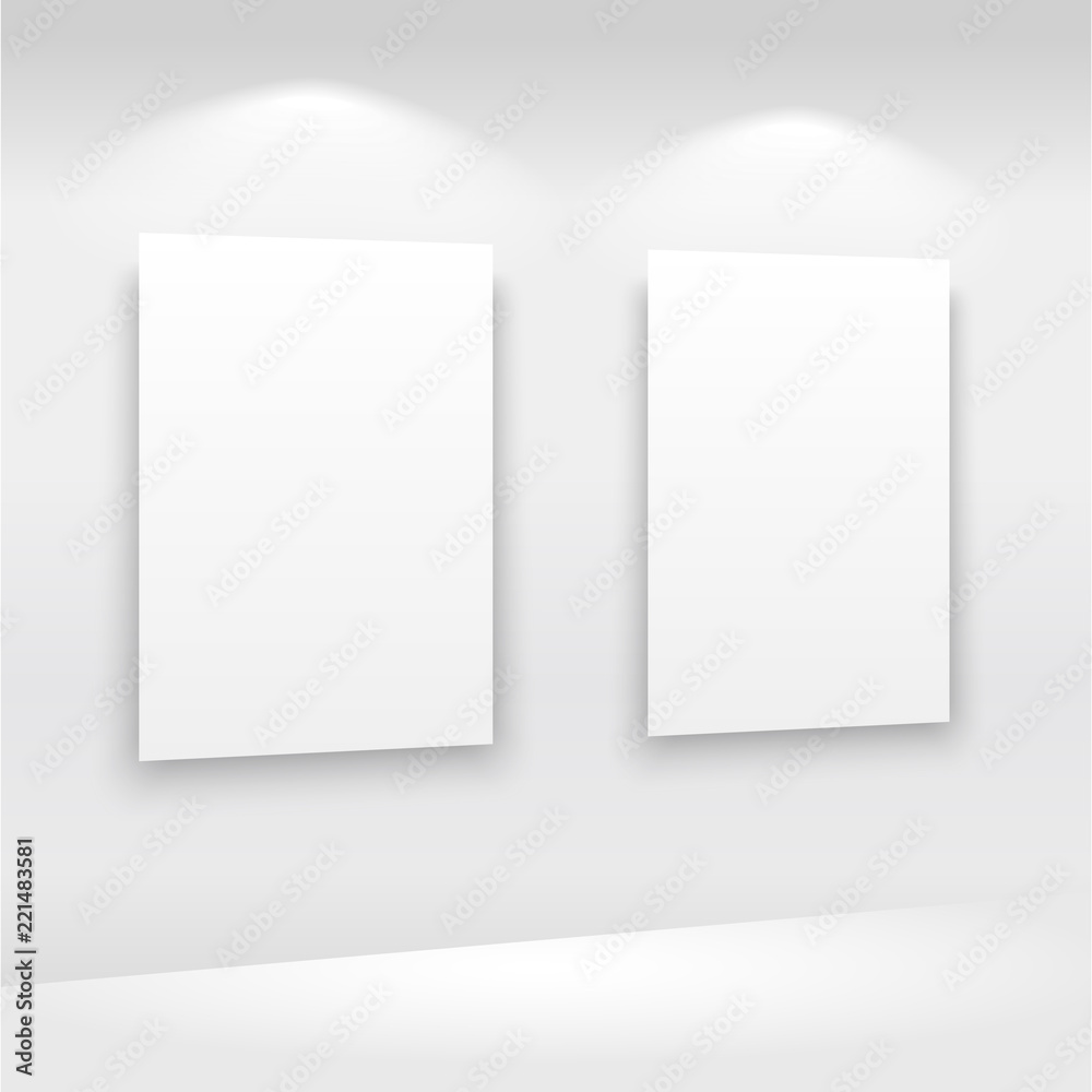 Fototapeta premium Empty frames on the wall in gallery with lights. Vector