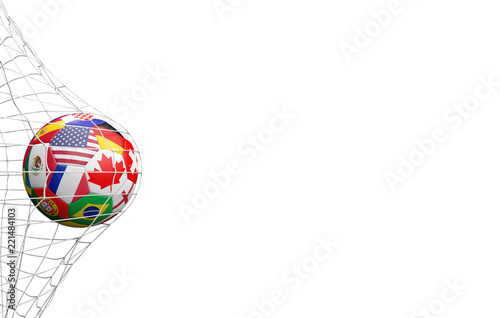 soccer ball goal with flags USA Canada Mexico 3d-illustration