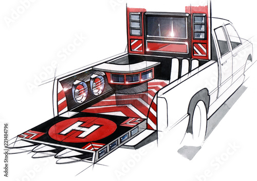 A design illustration of a project of an exclusive tuned car pickup for music festivals. Examination of the interior space of the body by acoustic systems. photo