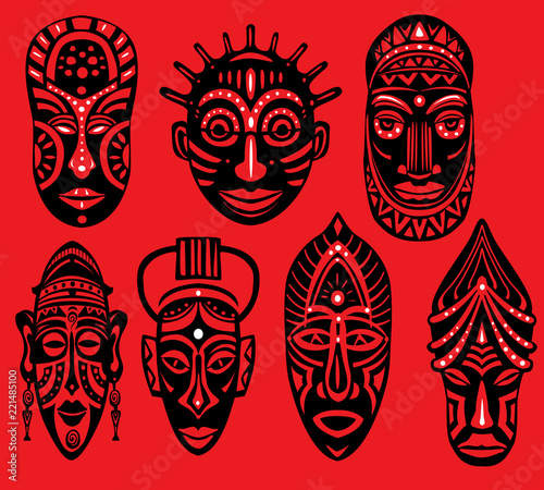 Set of Tribal African Masks on red background