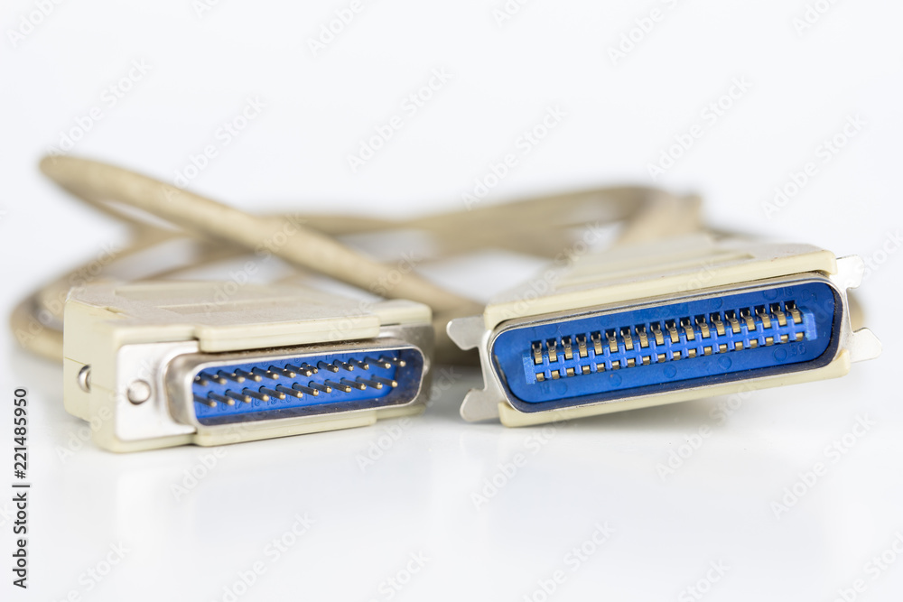 Old PC cables on a white table .. Com and lpt connectors for old computer  stations. Stock-Foto | Adobe Stock