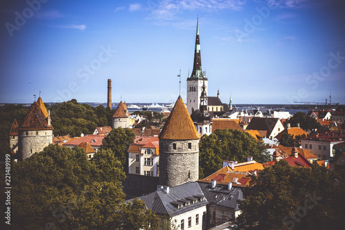 Aerial cityscape with Medieval Old Town and St. Olaf Baptist Church in Tallinn, Estonia