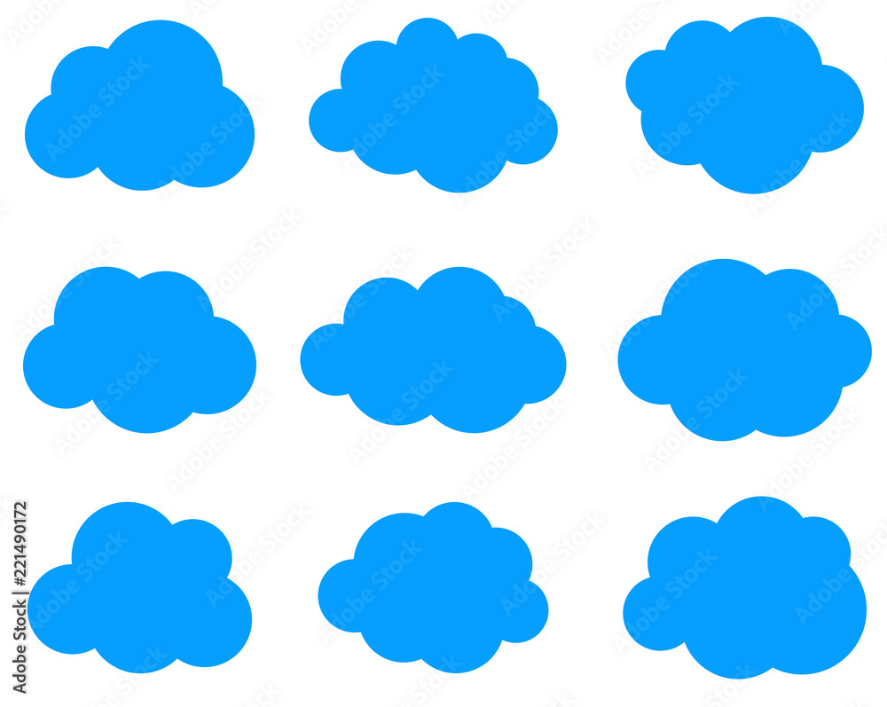 Set of blue clouds isolated on white background.