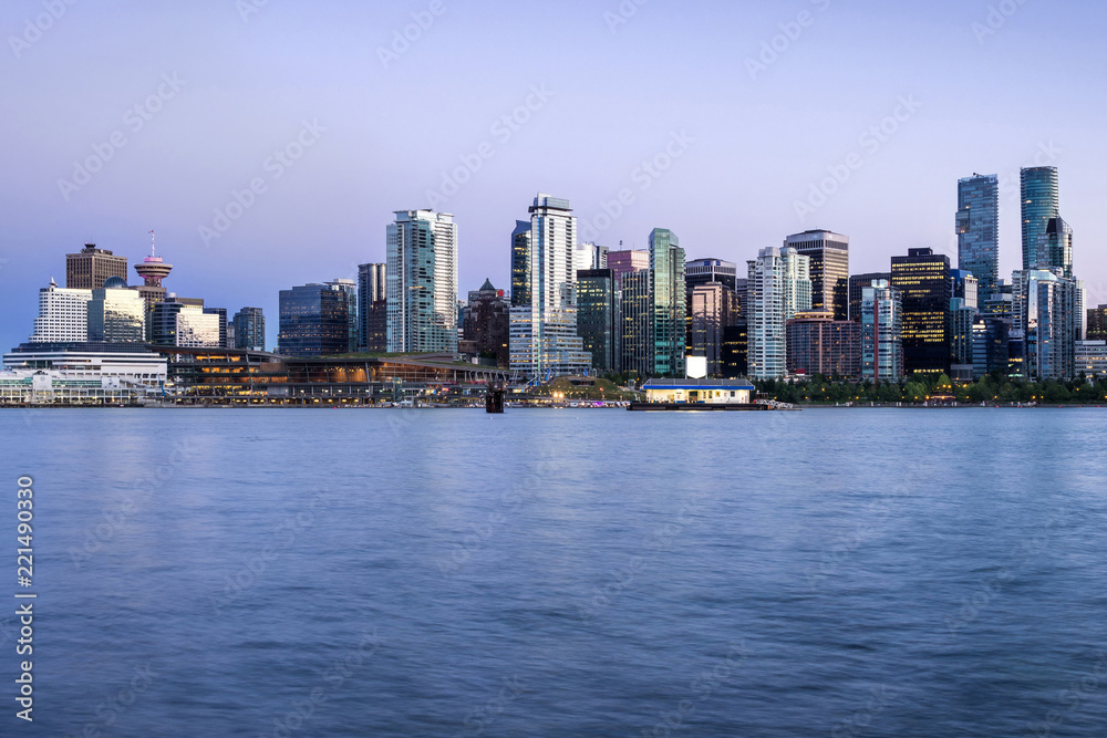 Vancouver skyline at dusk, British Columbia, Canada.