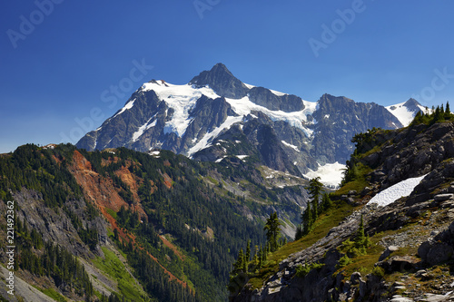 View of iconic Mount Shukan, a prominent mountain peak in the North Cascades region of Washington state, USA