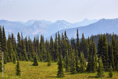 View of mountain peaks from an overlook in Mount Rainier National Park, Washington