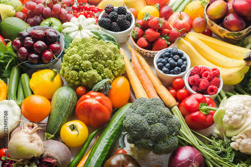 Healthy fruits vegetables berries background  cherries peaches strawberries cabbage broccoli cauliflower squash tomatoes carrots bananas beans beetroot  pepper  selective focus