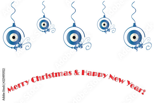 Merry Christmas and happy new year card with blue evil eye vector - white background