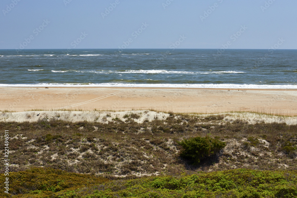 View of the Atlantic Ocean and beach, as viewed from a hiking trail at Fort Macon State Park, located on the Crystal Coast of North Carolina, USA
