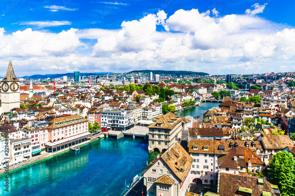 Aerial view of historic Zurich city center and river Limmat