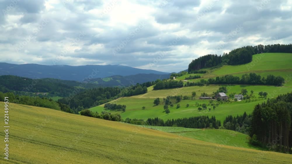 Graz, Austria - 29 June 2018. Aerial view of the farm and valley in the countryside Graz, Austria - 29 June 2018. Aerial view of the farm and valley in the countryside