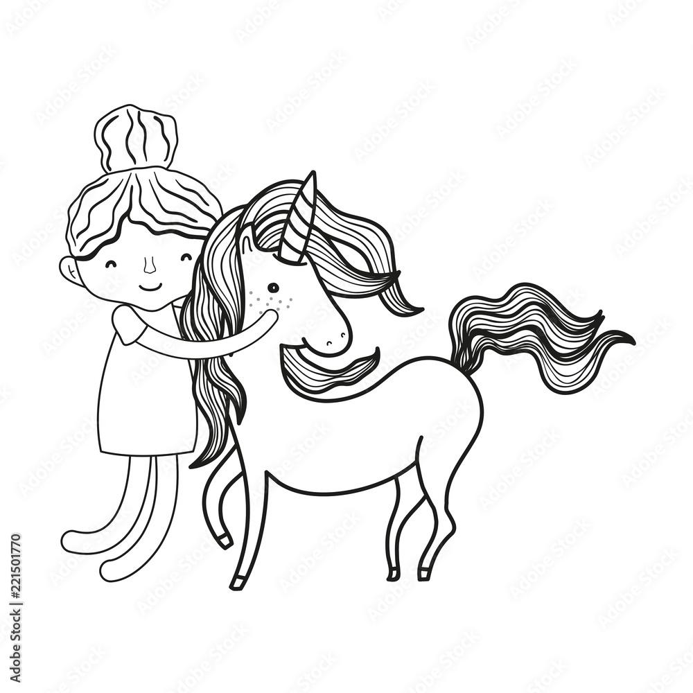 Plakat line happy boy hugging beauty unicorn