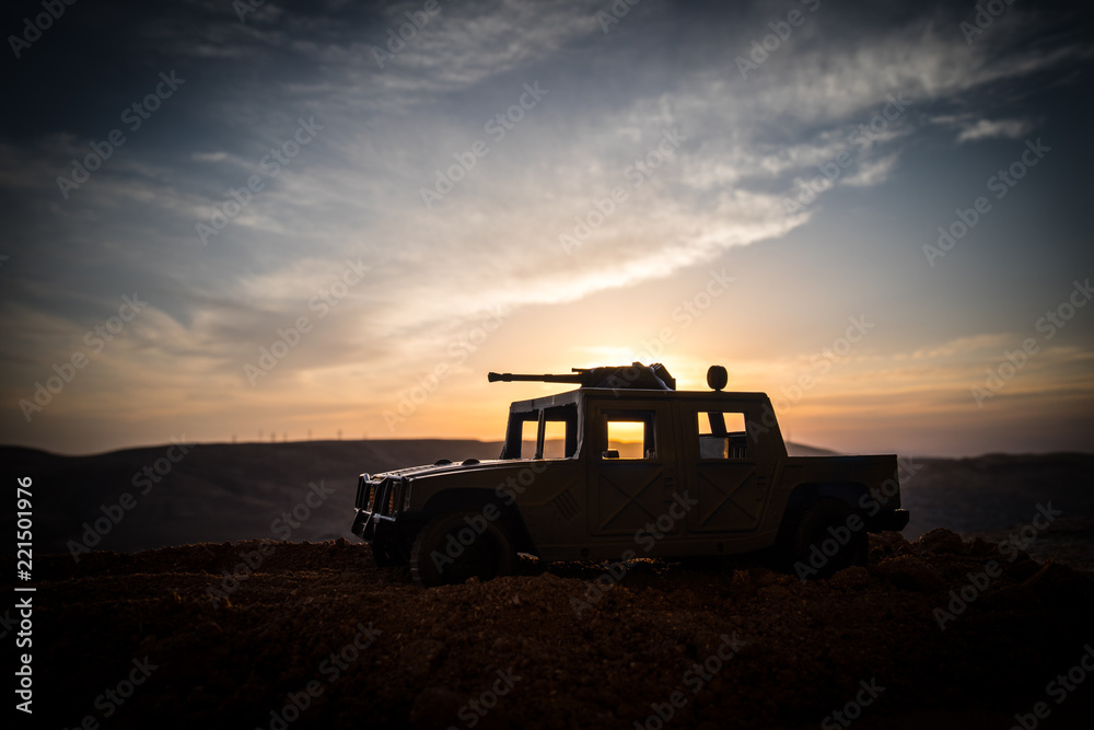 Military patrol car on sunset background. Army war concept. Silhouette ...