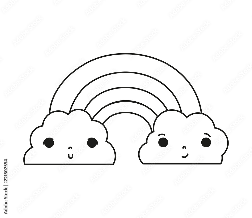 line kawaii cute fluffy clouds and rainbow Stock Vector | Adobe Stock