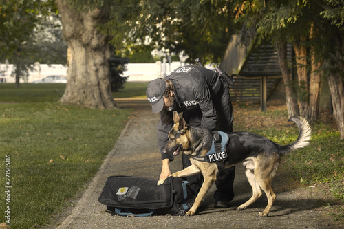 Police officer with his dog checking unknown potentially dangerous bag in park