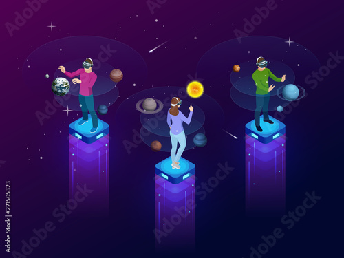 Isometric man in virtual reality glasses looks at the planets of the solar system. Sun, Mercury, Venus, planet earth, Mars, Jupiter, Saturn, Uranus, Neptune. Science and education vector background.