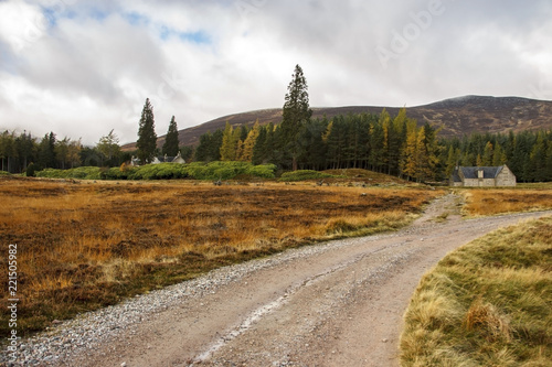 Scottish rural landscape. Pathway to Lochnagar. Cairngorms National Park and Royal Deeside. Ballater, Aberdeenshire, Scotland, UK. 