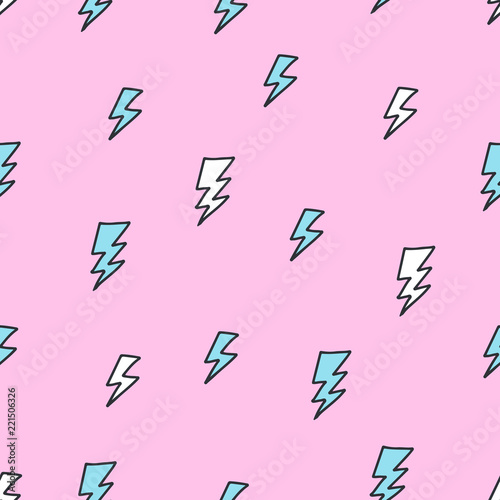 Cute colorful seamless pattern of hand drawn doodle lightning elements on pink background. Vector illustration