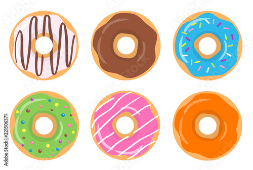 Colorful glazed assorted donut set on white background. Strawberry, orange, chocolate, blue and green glazed donuts. The view from the top. Vector illustration