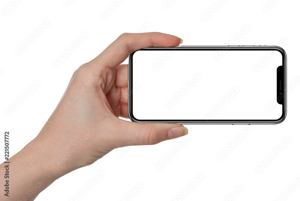 Woman showing smart phone similar to iphon isolated on white Woman showing smart phone similar to iphon isolated on white