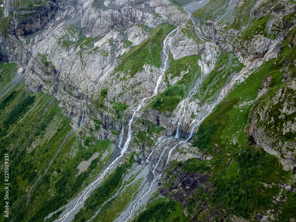 Aerial view from the drone. Sofia waterfalls, Lower Arkhyz, Karachay Cherkess Republic. Aerial view from the drone. Sofia waterfalls, Lower Arkhyz, Karachay Cherkess Republic.