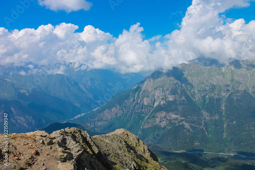 Aerial view from the drone. Summer mountain landscapes of Karachay Cherkessia, Dombay, Western Caucasus.