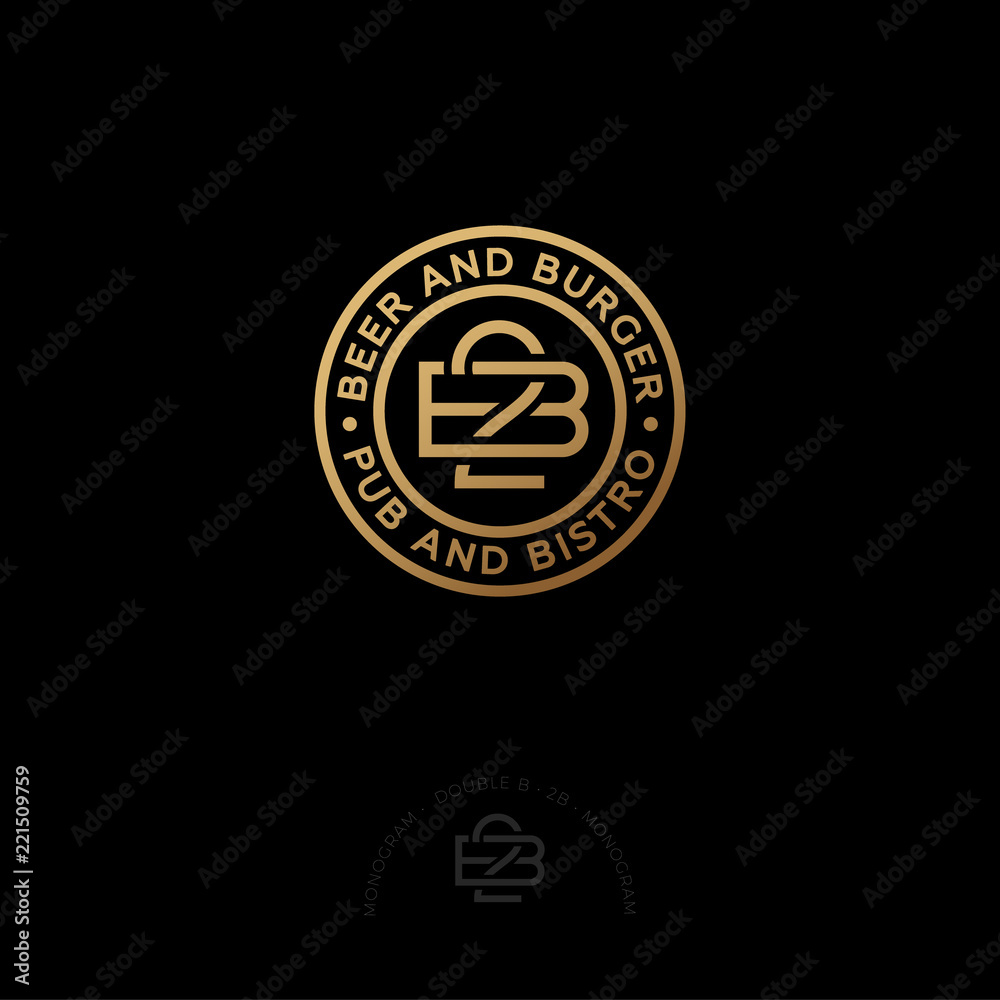 Double B letters. 2B monogram. Beer and Burger pub and bistro. 2B monogram consist of inwrought gold lines with letters, isolated on a circle. Monochrome option.