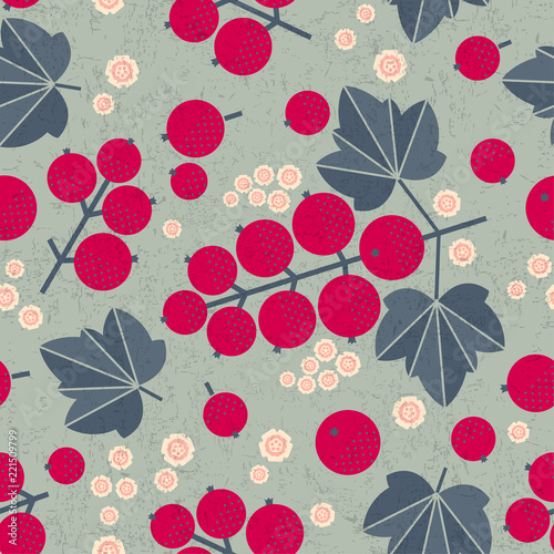 Ripe red currant seamless pattern. Red currant with leaves and flowers on shabby background. Original simple flat illustration. Shabby style.