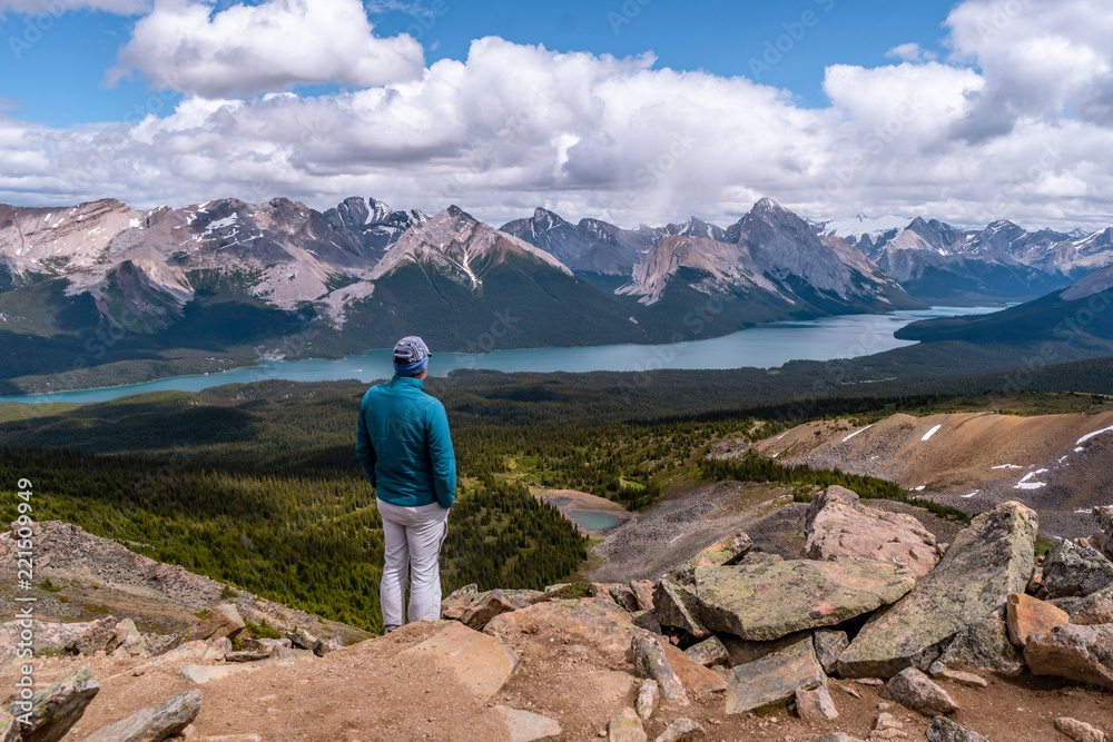 The top of Bald Hill offers a great panorama view of Maligne Lake, Jasper NP, Alberta, Canada