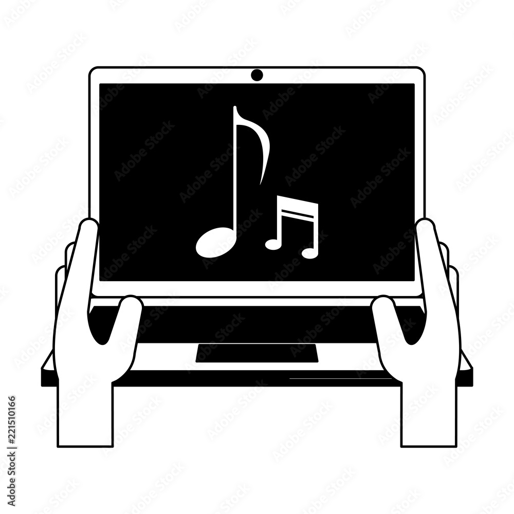 Digital music on laptop in black and white Digital music on laptop in black and white