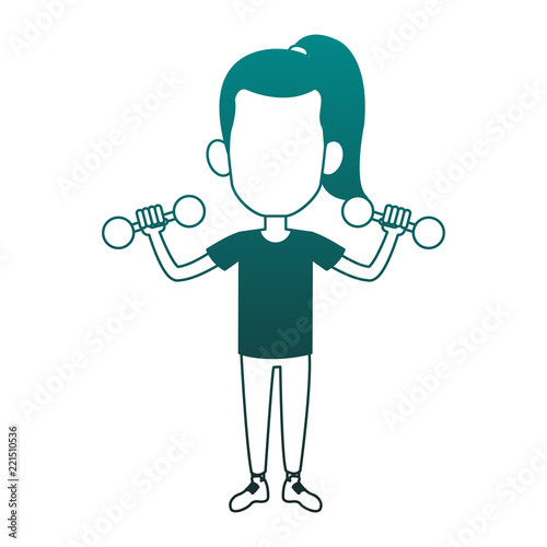 Girl lifting kettlebells blue lines