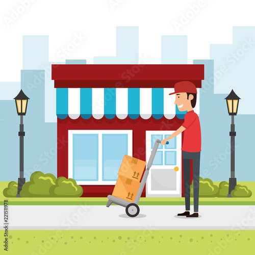 delivery worker with cart boxes character