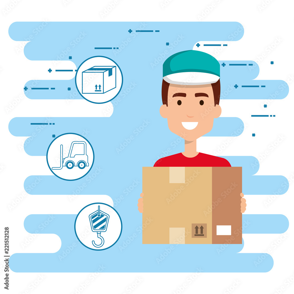 delivery worker with set icons delivery worker with set icons
