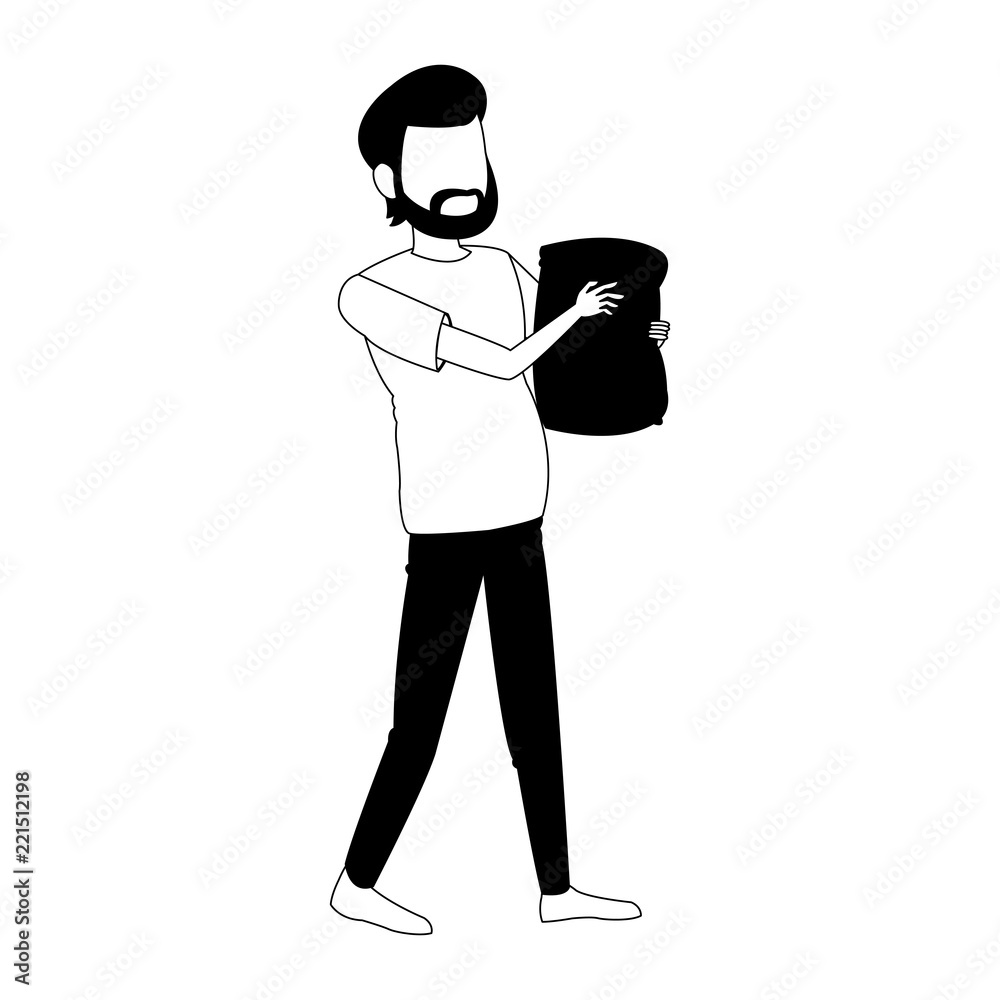 Man holding sack bag in black and white