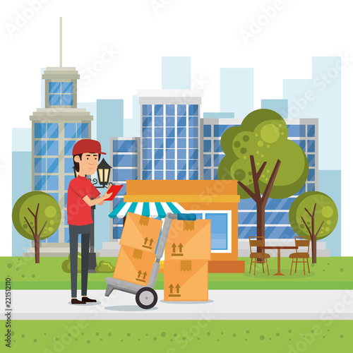 delivery worker with cart boxes character