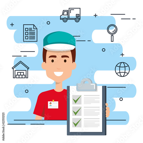 delivery worker with set icons
