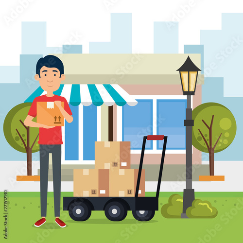 delivery worker with cart boxes character
