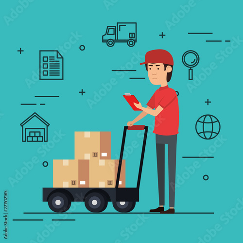 delivery worker with cart boxes character