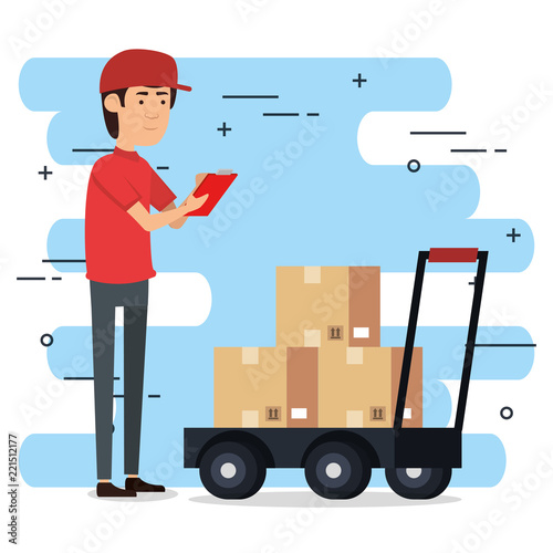 delivery worker with cart boxes character