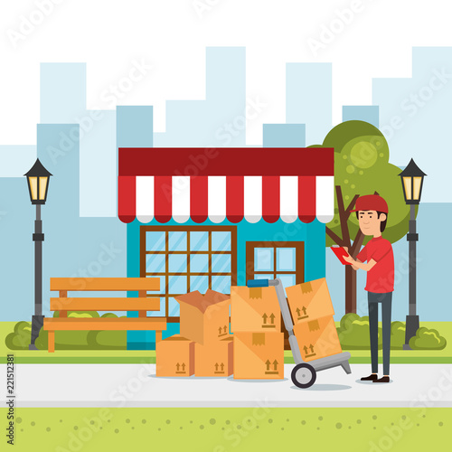 delivery worker with cart boxes character