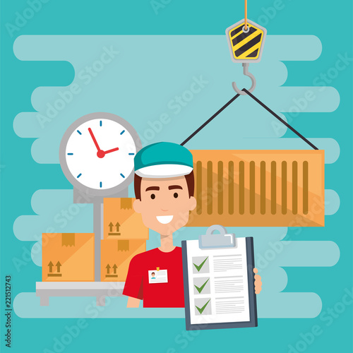 delivery worker with scale balance character