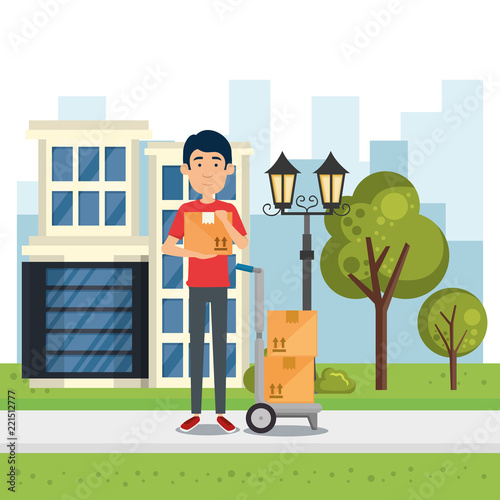 delivery worker with cart boxes character