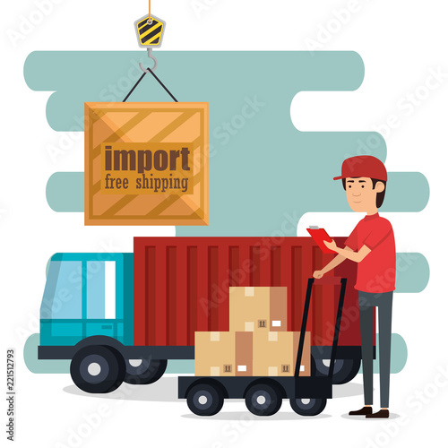 delivery worker with cart boxes character