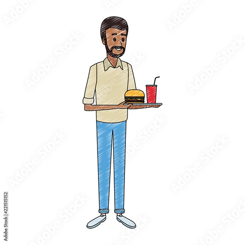 Young man with fast food combo scribble